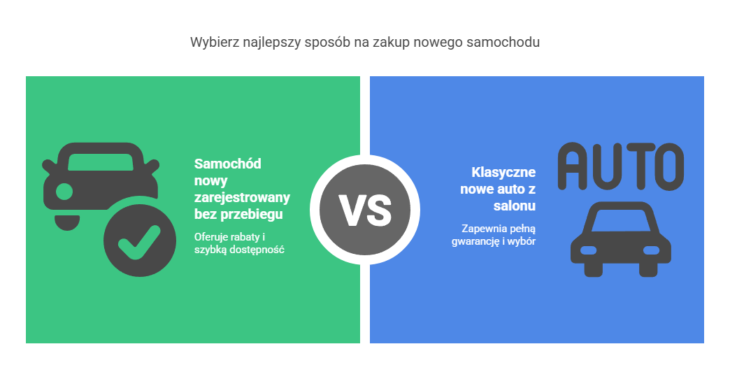 Porównanie zakupu: nowy samochód zarejestrowany bez przebiegu vs. nowe auto z salonu Grafika porównująca dwa sposoby zakupu nowego samochodu: nowy samochód już zarejestrowany bez przebiegu (rabaty, szybka dostępność) kontra klasyczne nowe auto z salonu (pełna gwarancja i szeroki wybór).